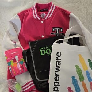 Tupperware Pink & White Varsity Jacket with Branded Accessories